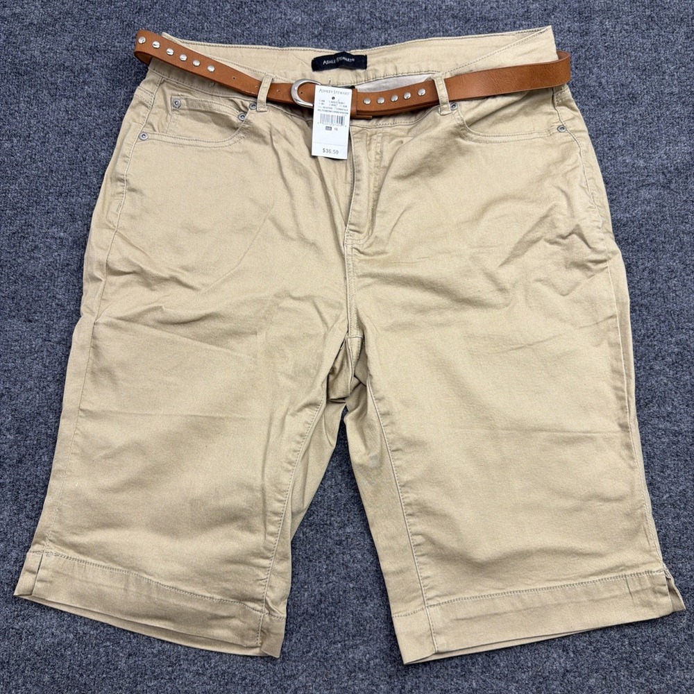 Ashley Stewart Women's Chino Bermuda Shorts Size 16 Khaki Tan With Belt NWT
